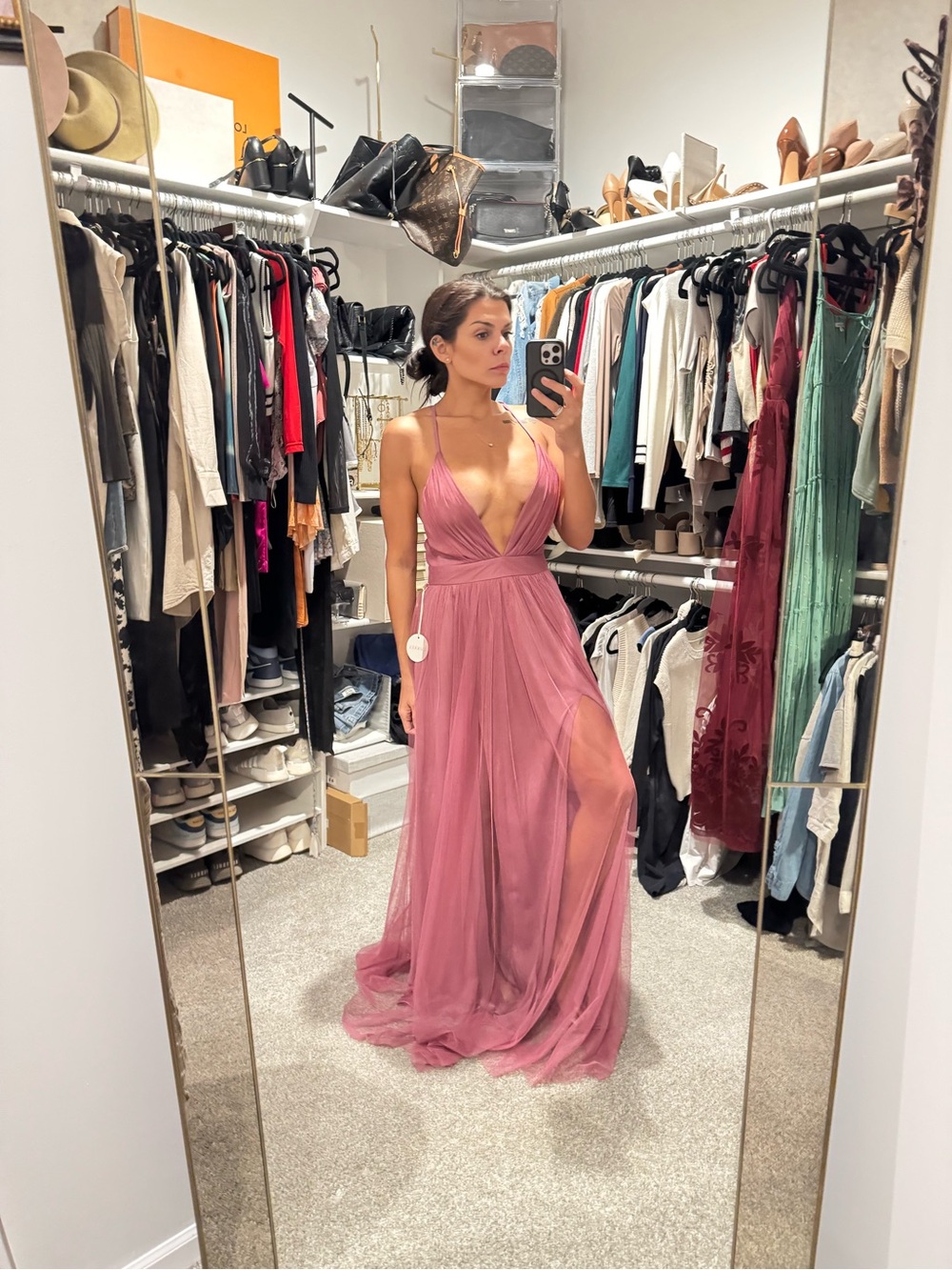 Luxxel Rose-Pink Plunging Tulle Gown